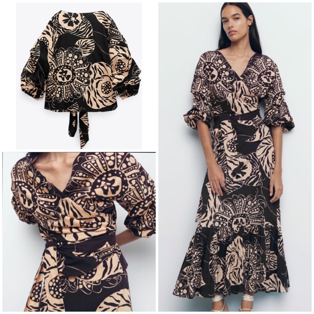 Zara linen viscose printed wrap top 2022 NWT